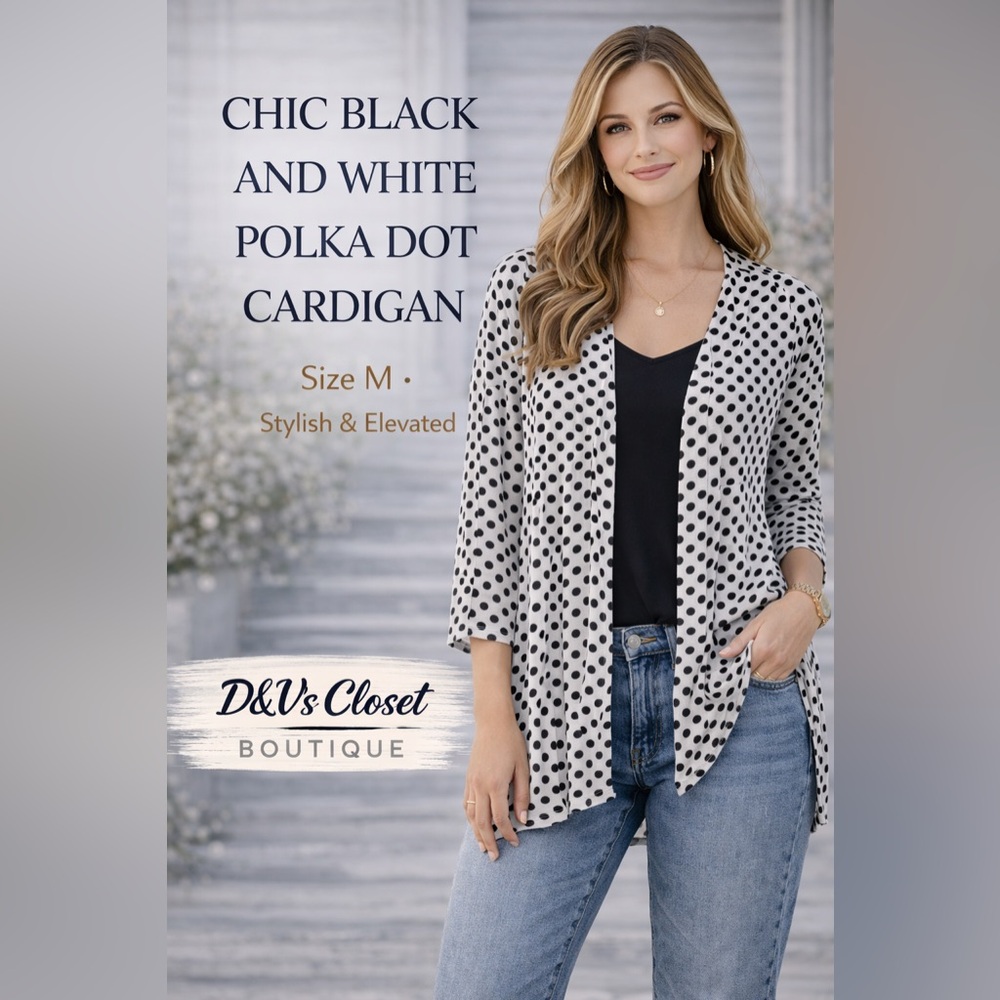 Always Indigo Black White Polka Dot Cardigan Size M Chic Lightweight Open Front